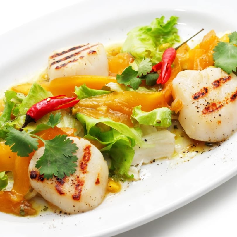 Grilled scallops with fresh lettuce, orange segments, red chili peppers, and cilantro on a white plate.